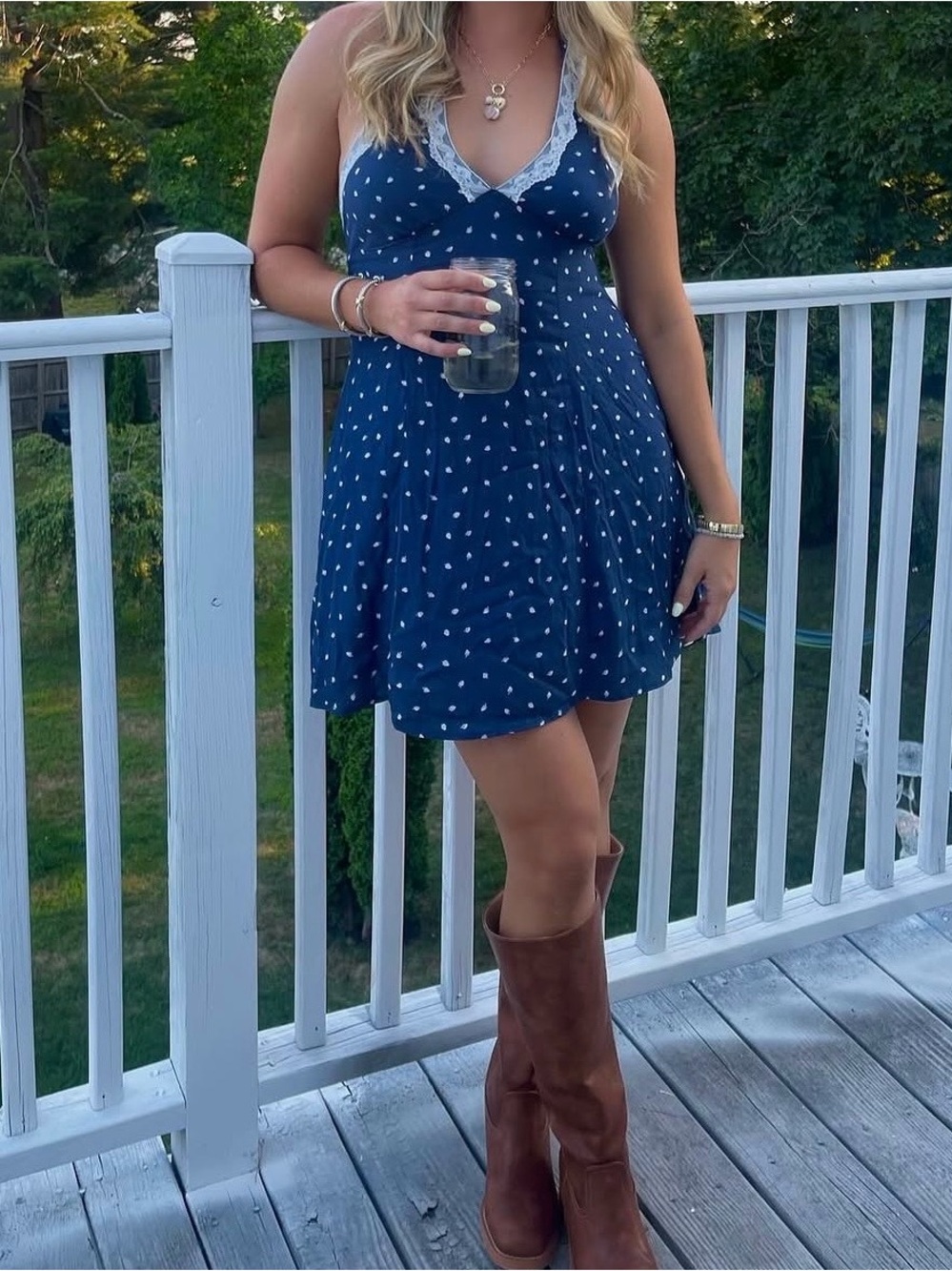 Navy Polka Dot Lace-Trim dress